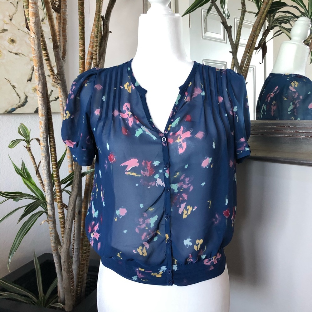 Pins & Needles Blue Watercolor Short Sleeve Blouse